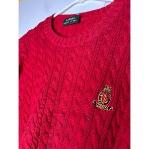 Lauren Ralph Lauren Red Cable Knit Crew Neck Crest Logo Sweater Womens L
